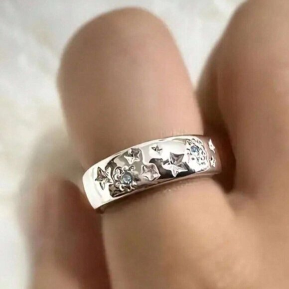 Silver Starry Ring Blue Synthetic Stones Unisex NWT Choose Size - Picture 2 of 4